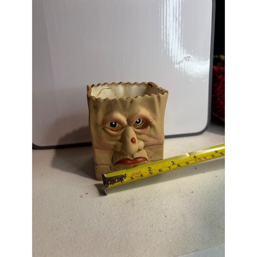 Vintage Ceramic Grumpy Face Paper Bag Planter Pencil Holder Kitsch Decor - Picture 3 of 6